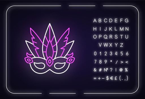 Masquerade mask neon light icon. Traditional headwear with plumage. Ethnic festival parade. Outer glowing effect. Sign with alphabet, numbers and symbols. Vector isolated RGB color illustration