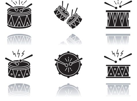 Brazilian music drop shadow black glyph icons set. Drums with drumsticks. Samba. Musical instrument. Brazilian carnival. Festive drum parade. Isolated vector illustrations on white space