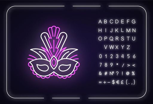Masquerade mask neon light icon. Traditional headwear with plumage. Ethnic festival. Outer glowing effect. Sign with alphabet, numbers and symbols. Vector isolated RGB color illustration