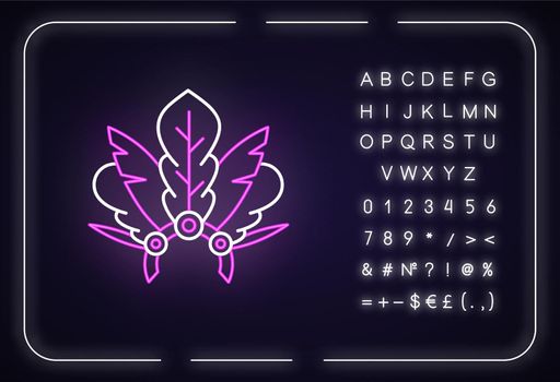 Brazilian carnival headwear neon light icon. Crown with plumage and gems. Ethnic costume. Outer glowing effect. Sign with alphabet, numbers and symbols. Vector isolated RGB color illustration