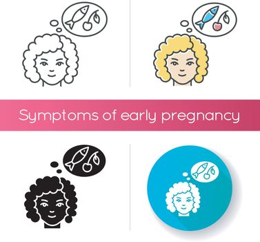 Food craving icon. Woman on healthy diet. Lady with appetite for fish and fruit. Pregnant lady hungry. Early pregnancy symptom. Linear black and RGB color styles. Isolated vector illustrations
