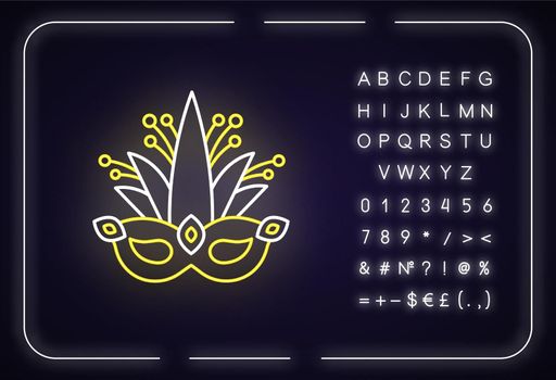 Masquerade mask neon light icon. Traditional headwear with plant leaves. Ethnic festival. Outer glowing effect. Sign with alphabet, numbers and symbols. Vector isolated RGB color illustration