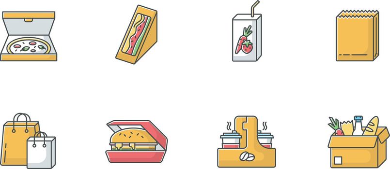 Takeaway food RGB color icons set. Carry out packages for meal. Fast food delivery. Packed pizza, sandwich, hamburger. Takeout lunch. Isolated vector illustrations