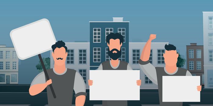 A crowd of guys with banners in their hands came out to protest. Cartoon style. Vector illustration.