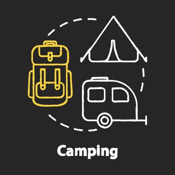 Camping chalk RGB color concept icon. Outdoor recreation, backpacking, hiking idea. Budget tourism, affordable vacation. Vector isolated chalkboard illustration on black background