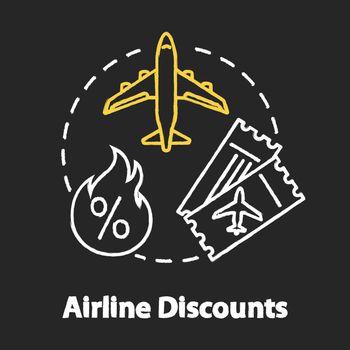 Airline discounts chalk RGB color concept icon. Affordable travel, budget tourism idea. Airway company special offer, cheap tickets. Vector isolated chalkboard illustration on black background
