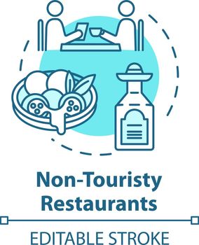 Non touristy restaurants concept icon. Inexpensive lunch, affordable dinner idea thin line illustration. Money saving option for tourists. Vector isolated outline RGB color drawing. Editable stroke