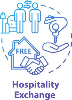 Hospitality exchange concept icon. Budget tourism, cheap accommodation idea thin line illustration. Affordable rest. Free stay arrangement. Vector isolated outline RGB color drawing