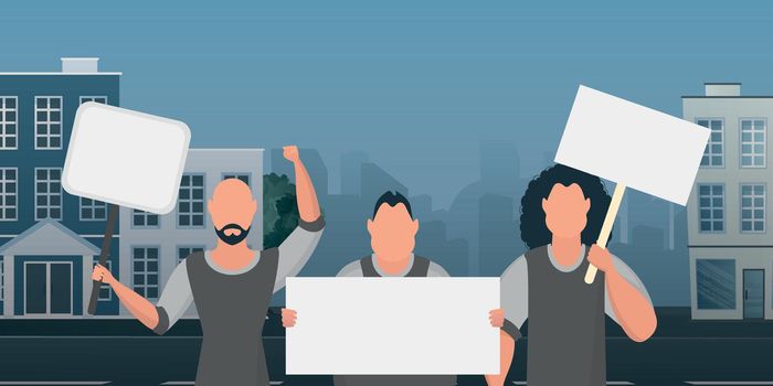 A crowd of guys with banners in their hands came out to protest. Prosky style. Vector illustration.