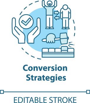Conversion strategies concept icon. Client engagement. Generating lead customers. E-commerce and marketing idea thin line illustration. Vector isolated outline RGB color drawing. Editable stroke