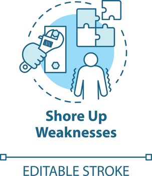 Shore up weaknesses concept icon. Personal goal. Development and improvement. SWOT strategy. Self-building idea thin line illustration. Vector isolated outline RGB color drawing. Editable stroke