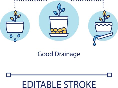 Good drainage concept icon. Indoor gardening. Plant cultivation. Eliminating standing water. Draining pots idea thin line illustration. Vector isolated outline RGB color drawing. Editable stroke