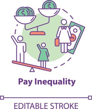 Pay inequality concept icon. Compensation discrimination. Salary inequity. Workplace fairness. Gender pay gap idea thin line illustration. Vector isolated outline RGB color drawing. Editable stroke