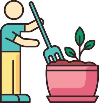 Soil fluffing RGB color icon. Plowing, ploughing earth. Houseplant care. Aeration. Plant growing, planting process. Indoor gardening. Isolated vector illustration