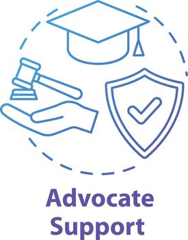 Advocate support concept icon. Legal assistance for students. Education contract. Legislation idea thin line illustration. Vector isolated outline RGB color drawing. Editable stroke
