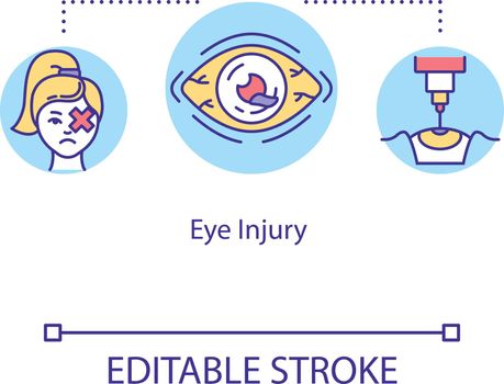 Eye injury, traumatism concept icon. Ophthalmology, physical and chemical traumas, closed and open globe injury idea thin line illustration. Vector isolated outline RGB color drawing. Editable stroke