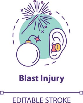 Blast injury, shrapnel wound concept icon. Trauma, bomb detonation result, health harm, eardrum bursting idea thin line illustration. Vector isolated outline RGB color drawing. Editable stroke