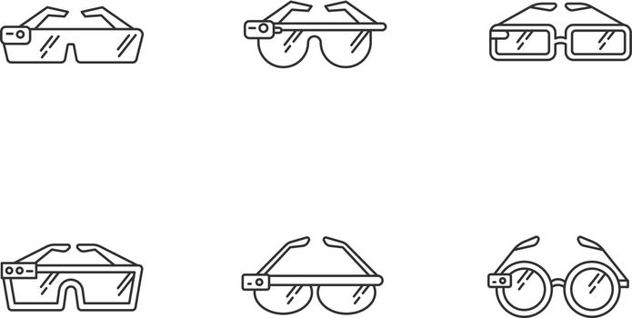 Smart glasses pixel perfect linear icons set. Smartglasses. Wearable gadgets. Augmented reality. Customizable thin line contour symbols. Isolated vector outline illustrations. Editable stroke