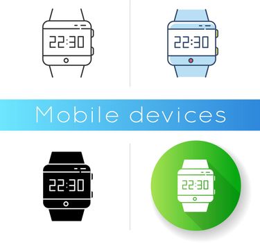Wrist smartwatch icon. Smart watch with touchscreen display. Wristwatch. Digital clock. Wearable computing gadget. Fitness tracker. Linear black and RGB color styles. Isolated vector illustrations