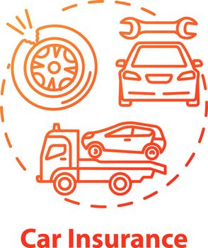 Car insurance concept icon. Estate protection. Auto wreck. Collision damage. Accident coverage. Personal property fix idea thin line illustration. Vector isolated outline RGB color drawing