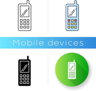 Portable cell phone icon. Wireless cellular telephone with buttons. Communication device. Handheld mobile phone. Electronic gadget. Linear black and RGB color styles. Isolated vector illustrations