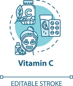 Vitamin C, skincare and healthcare, cosmetology concept icon. Citrus extract, ascorbic acid essence idea thin line illustration. Vector isolated outline RGB color drawing. Editable stroke