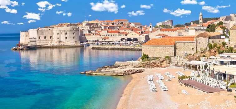 Dubrovnik. Banje beach and historic walls of Dubrovnik panoramic view