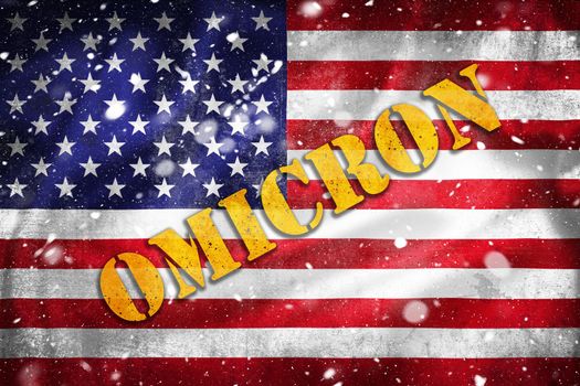 United States of America grunge flag illustration with Omicron text and snow overlay