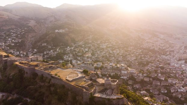 Aerial view of streets in the UNESCO listed old town of Gjirokaster in southern Albania