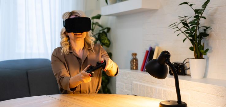 Portrait of woman wearing VR headset playing in shooter game