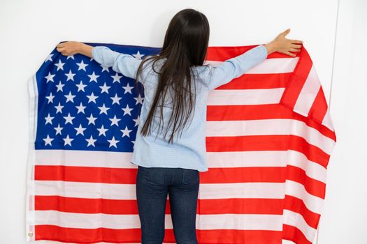 Learn English Language Online Education Concept, little girl and american flag.