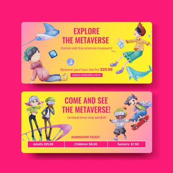 Ticket template with metaverse technology concept,watercolor style 
