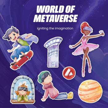 Sticker template with metaverse technology concept,watercolor style 
