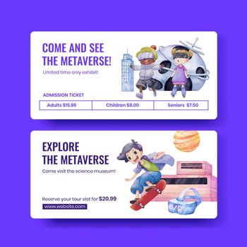 Ticket template with metaverse technology concept,watercolor style
