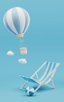 Hot air balloon and recliner with blue background, 3d rendering.