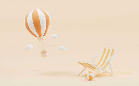 Hot air balloon and recliner with yellow background, 3d rendering.