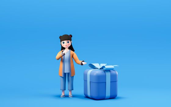 A Chinese girl and gifts with blue background, 3d rendering. Computer digital drawing.