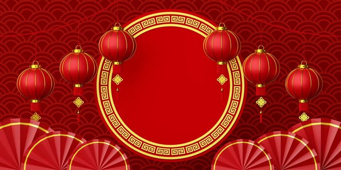 3d illustration of Chinese new year banner with hanging lantern