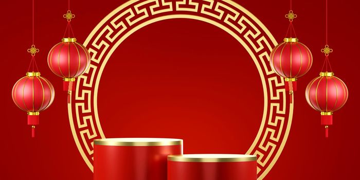 3d illustration of Chinese new year banner with podium and Chinese lantern