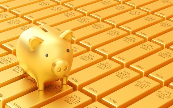 Golden piggy bank with stack of gold bar, Saving gold concept, 3d illustration