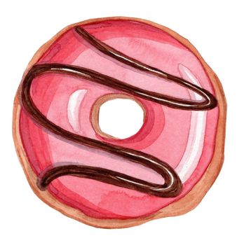 Watercolor hand drawn red glazed donut with chocolate topping isolated on white background
