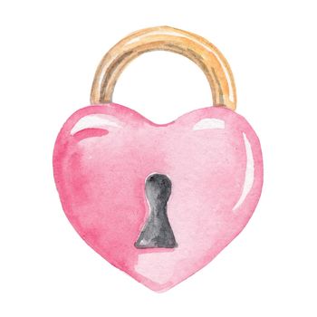 watercolor pink heart shaped padlock with golden element isolated on white background fow valentines day or wedding