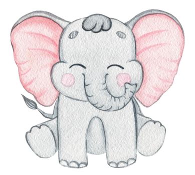 watercolor grey elephant baby sitting isolated on white background for nursery, baby shower, fabric, print