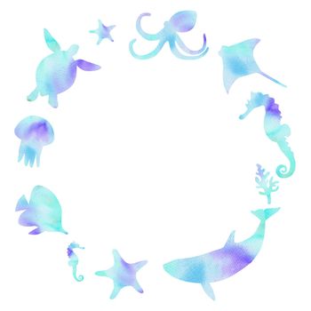watercolor blue round frame with underwater animals and fishes isolated on white background for logo design , card border decoration,world oceans day banner