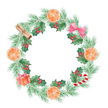 watercolor christmas wreath with fir and holly isolated on white background. Perfect for cards and diy decorations