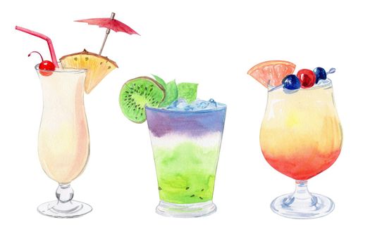 watercolor hand drawn fruit cocktails set isolated on white background. Alcoholic drinks composition