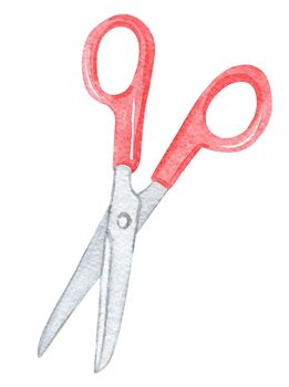 watercolor open red scissors isolated on white background for sewing logo, scrapbook