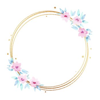 golden round frame with watercolor pink flowers isolated on white background. Floral geometric border for wedding invitations and cards