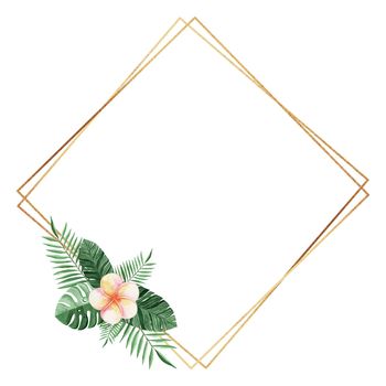 watercolor gold rhomb frame with tropical flowers isolated on white background. For wedding invitations design, cards templates