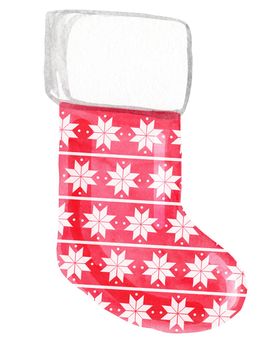 watercolor red christmas stocking with snowflakes pattern isolated on white background